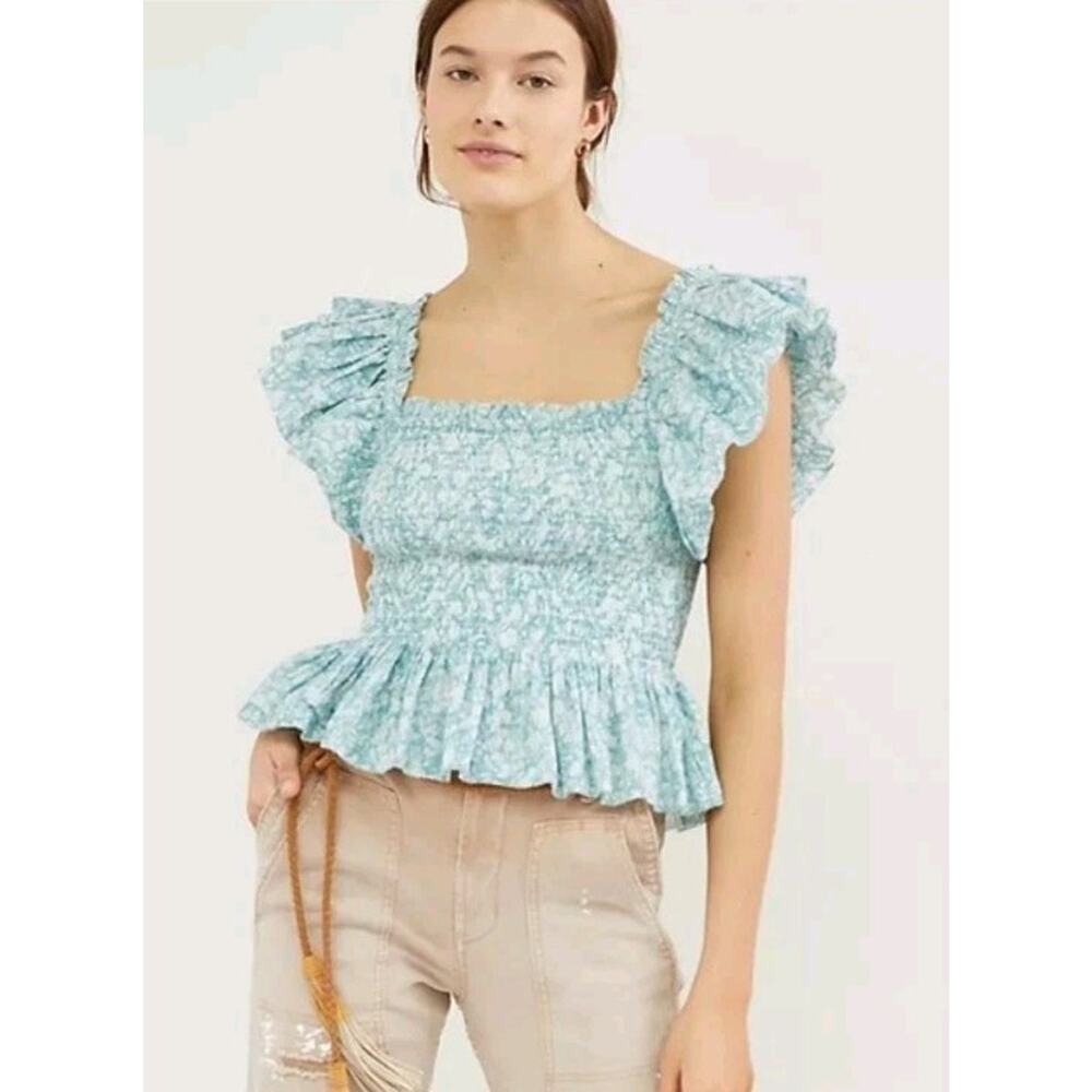 Love The Label Top Womens Small Puff Sleeve Ruffles Smocked Blue Peplum Feminine